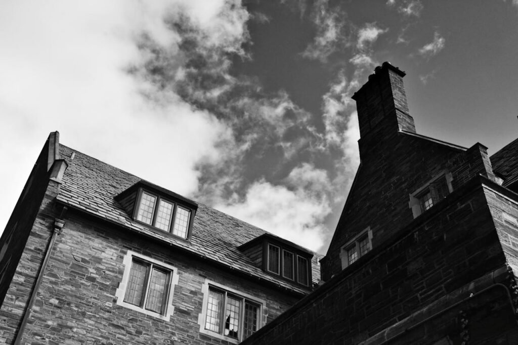 Grayscale Photo of House